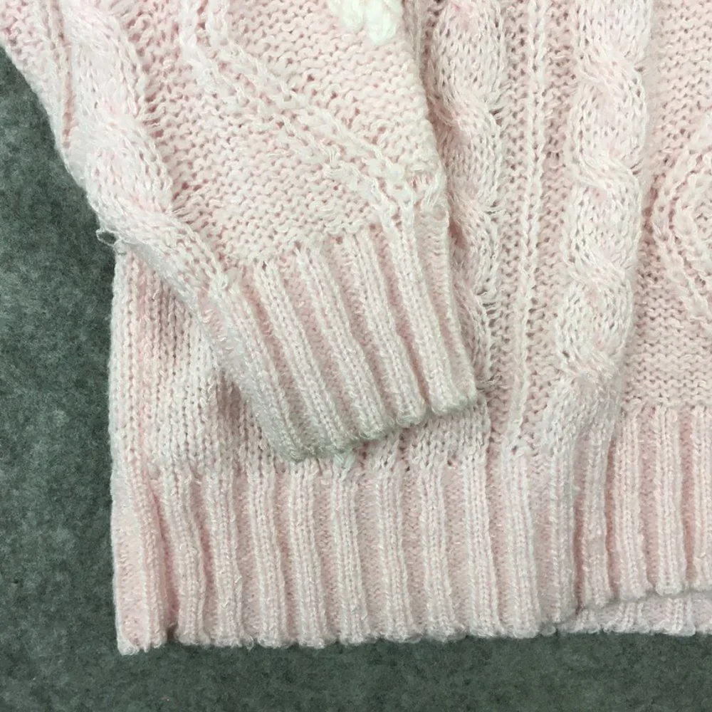 Vintage Grandma Sweater M Pastel Pink Cable Knit Oversized Balloon Sleeve White